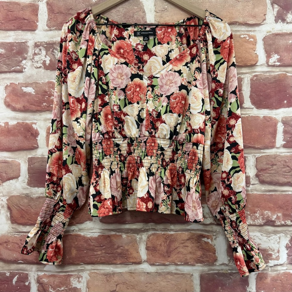 INC Top Women's XS Multicolor Chic Garden Floral Satin Smocked Ruffle Shirt